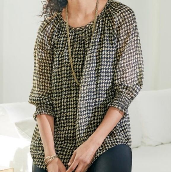 Soft Surroundings NWOT Ines Black Metallic Houndstooth Chiffon Blouse Medium - Picture 1 of 10